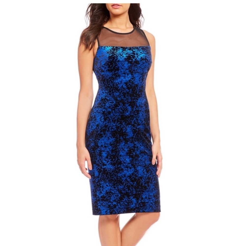 NWT, Calvin Klein,Crushed Velvet & Mesh Cocktail Dress,Royal Blue&Black,Size 8